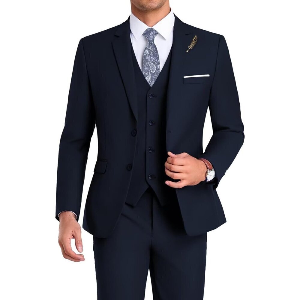 Men's Notched Lapel Navy  Groomsmen Slim Fit 3 Pieces Suit for Wedding